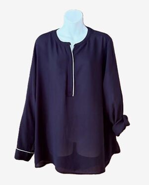 Apt 9 Women’s XXL Black Blouse Front Zip Roll Tab Sleeve High Low Tunic Flowing